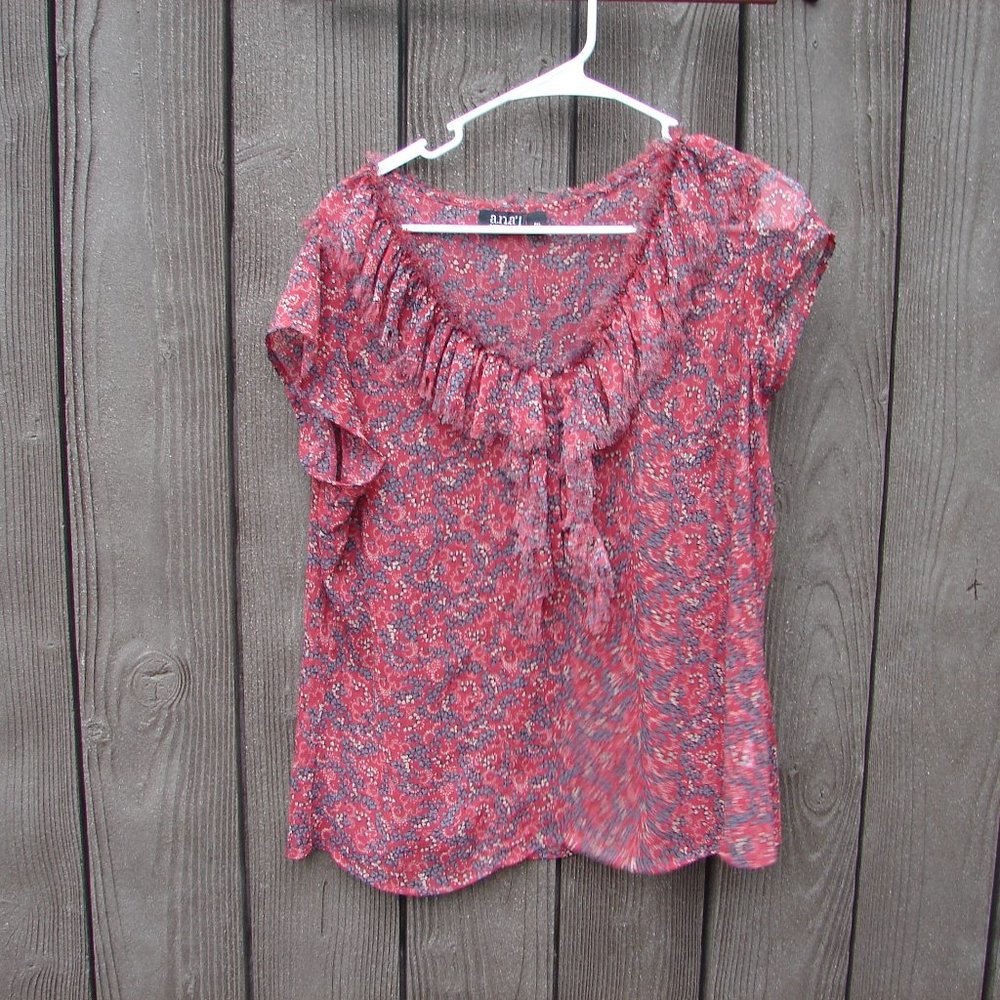 Ana Sheer Red Cap Sleeves Blouse with Ruffled Neckline